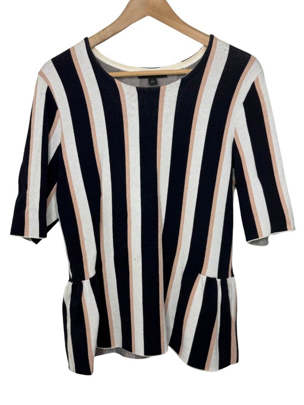 Ann Taylor Striped Peplum Knit Top Blouse Size L Short Sleeve Black Pink Cream